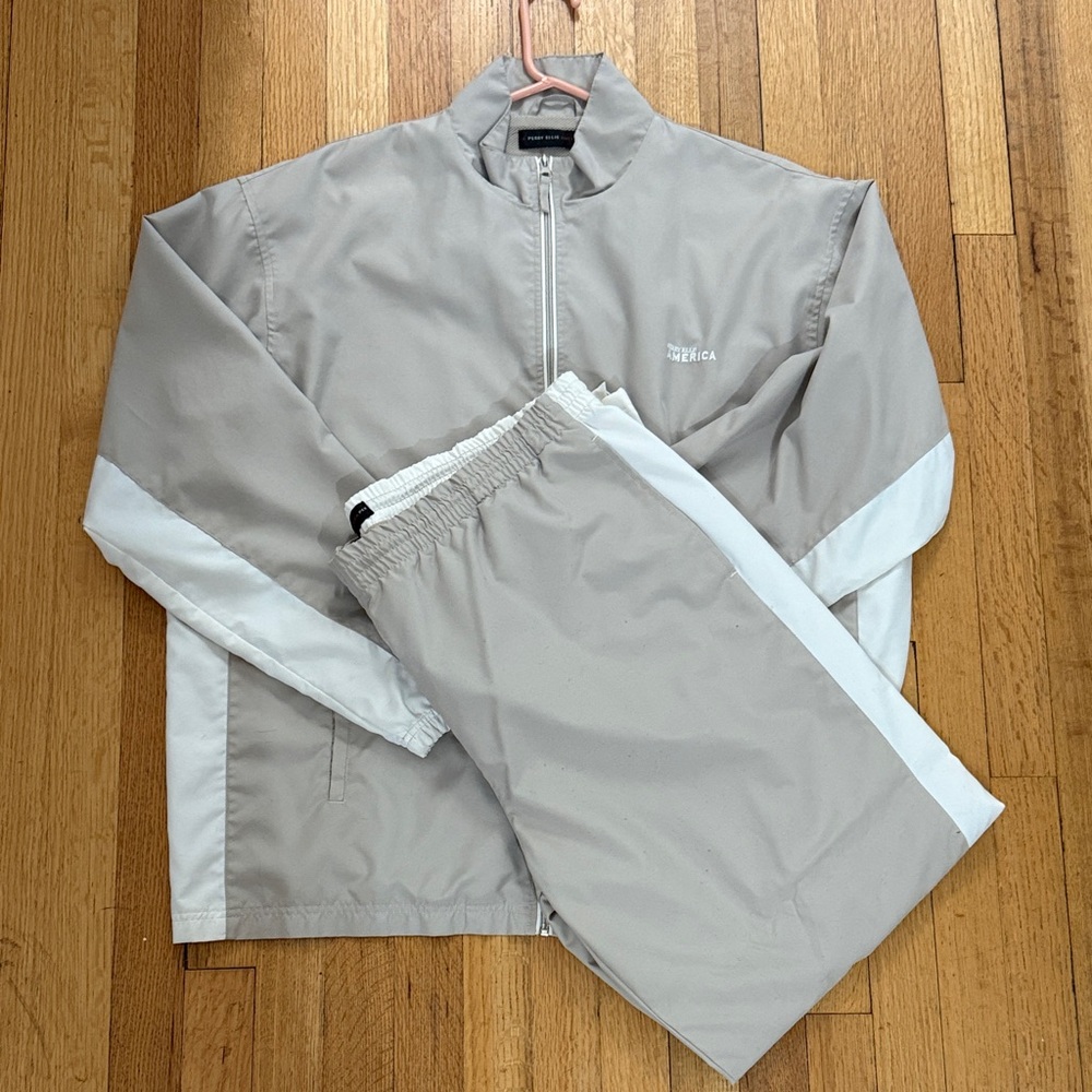 Perry Ellis America Tan and Cream Sweatsuit Jacket and Pants Set Mens XL